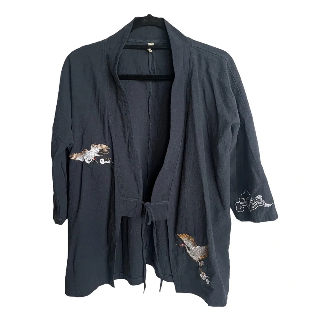 Lefitt‎ NEW Bird Embroidery Tie-Front Kimono Jacket